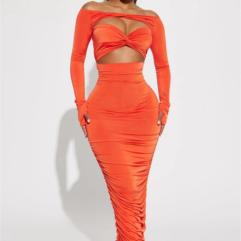 Orange neon slinky cut out long sleeve maxi high waist skirt small - Picture 2 of 3
